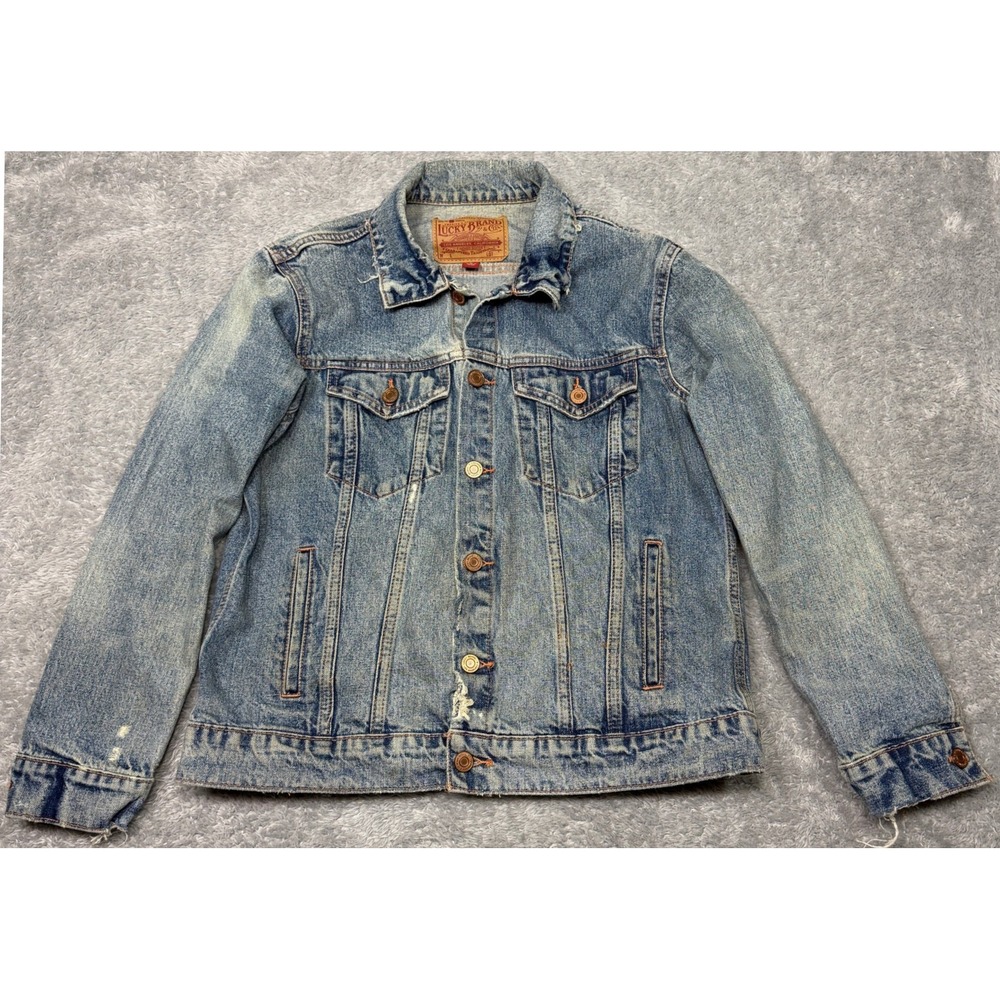 Lucky Brand Denim Jacket Womens L The Tomboy Trucker Blue Jean Cotton Distressed